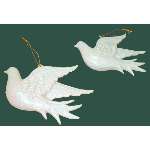 Vintage White Glitter Dove Hanging Ornaments Set Of 2 Gold Strings - Picture 1 of 9